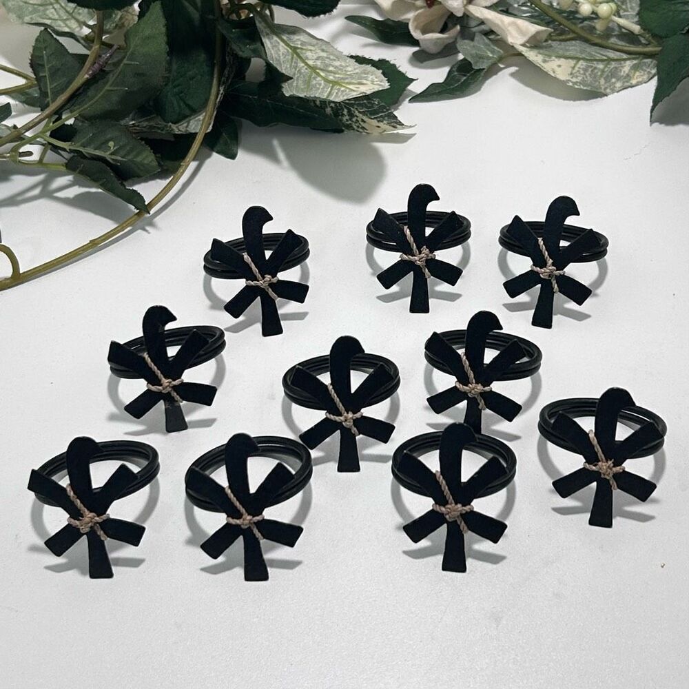 Lot Of 10 Vtg Asian-style Table Napkin Rings OS Black W/ Cardo Geometric Design